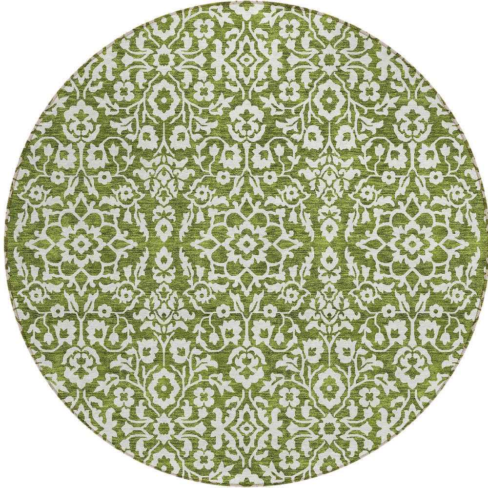 8' Olive Green And Ivory Round Damask Washable Indoor Outdoor Area Rug