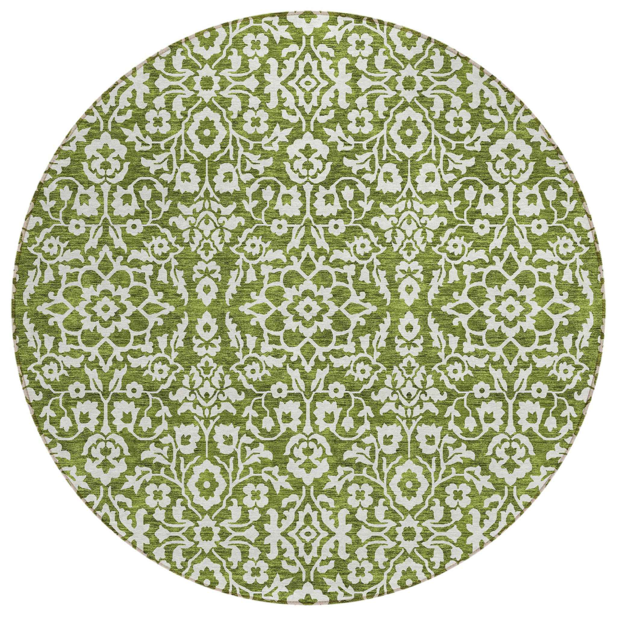 8' Olive Green And Ivory Round Damask Washable Indoor Outdoor Area Rug