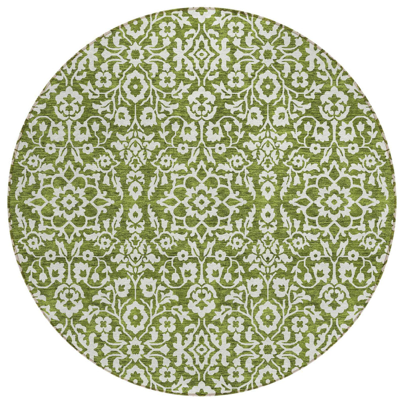 8' Olive Green And Ivory Round Damask Washable Indoor Outdoor Area Rug