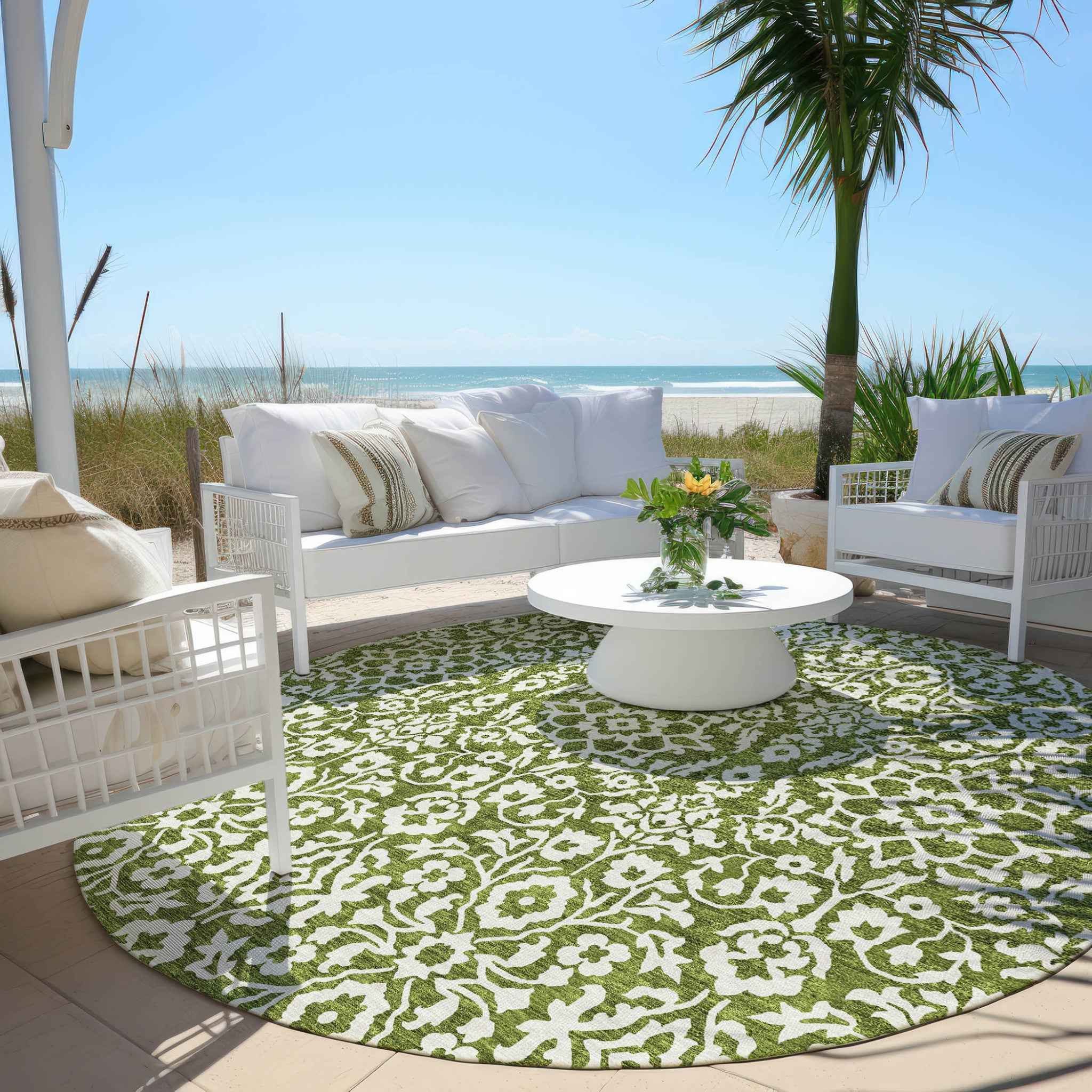 8' Olive Green And Ivory Round Damask Washable Indoor Outdoor Area Rug