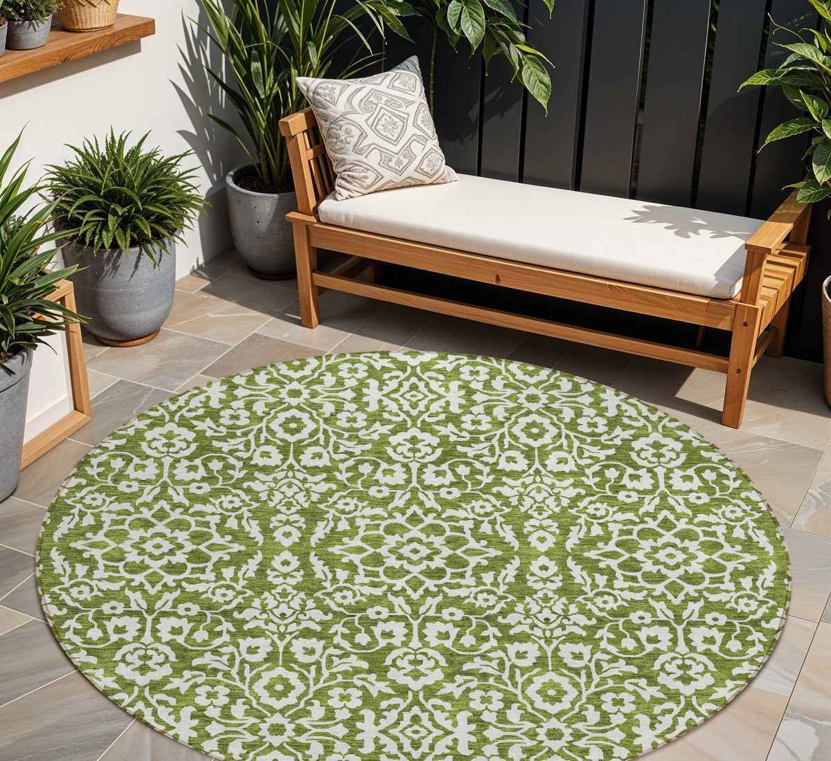 8' Olive Green And Ivory Round Damask Washable Indoor Outdoor Area Rug