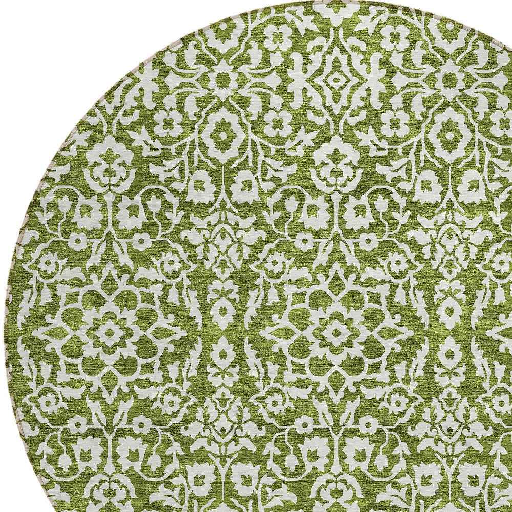8' Olive Green And Ivory Round Damask Washable Indoor Outdoor Area Rug