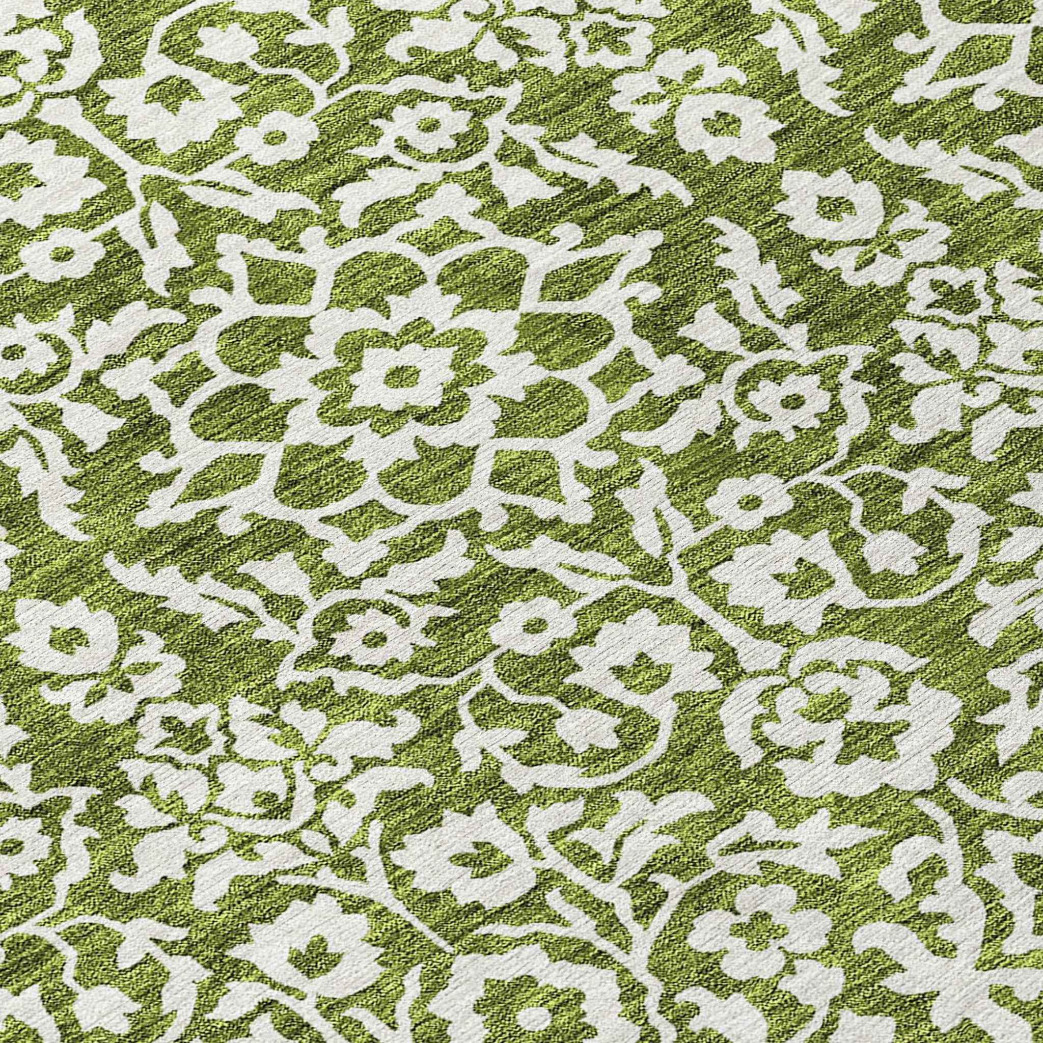 8' Olive Green And Ivory Round Damask Washable Indoor Outdoor Area Rug