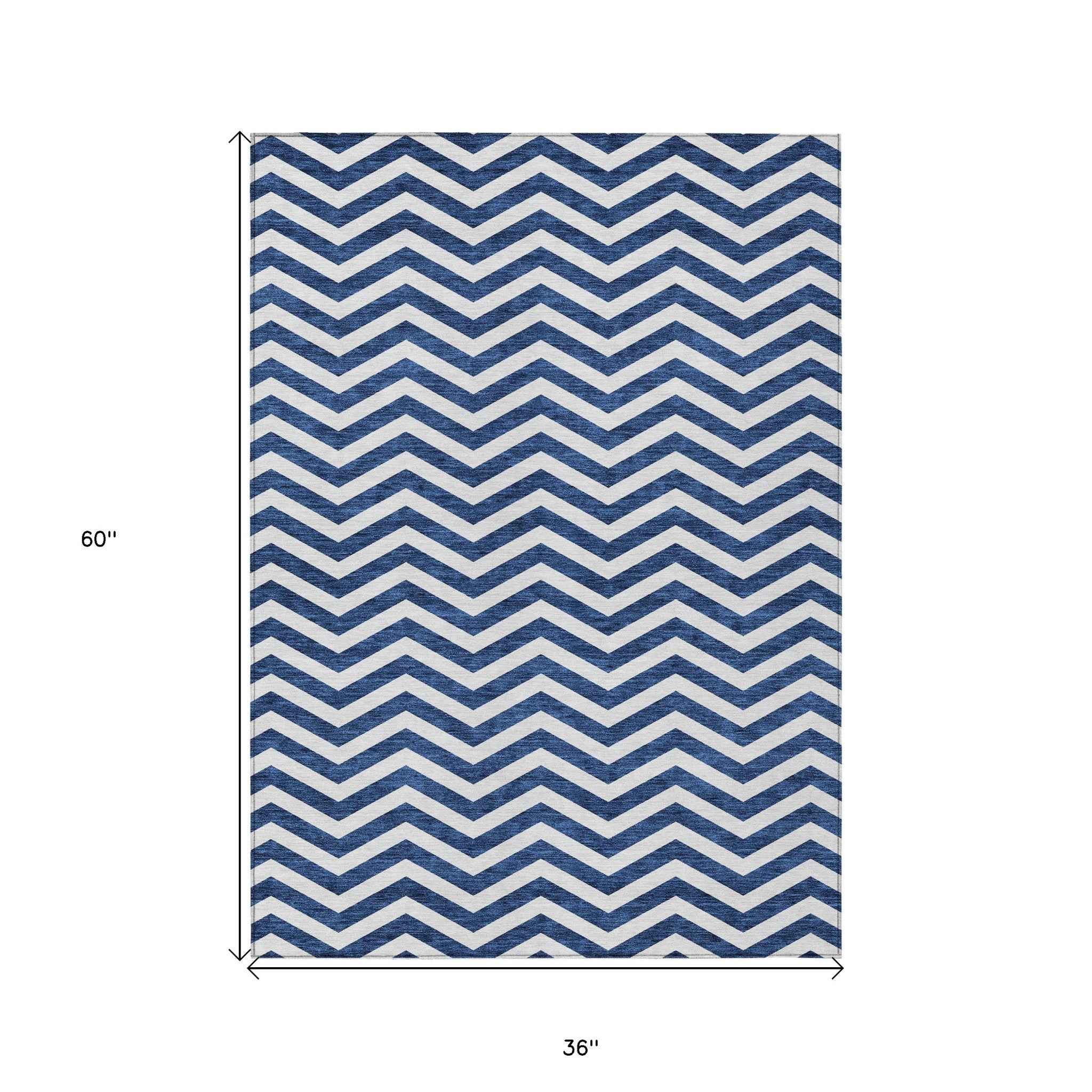 3' X 5' Navy Blue And Ivory Chevron Washable Indoor Outdoor Area Rug
