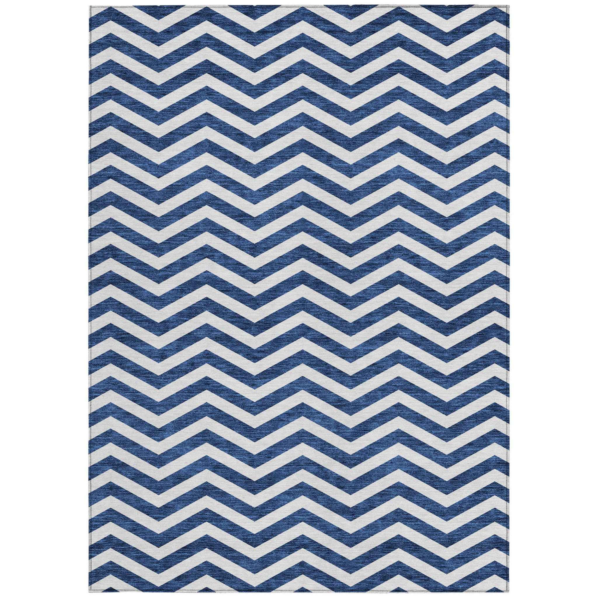 3' X 5' Navy Blue And Ivory Chevron Washable Indoor Outdoor Area Rug