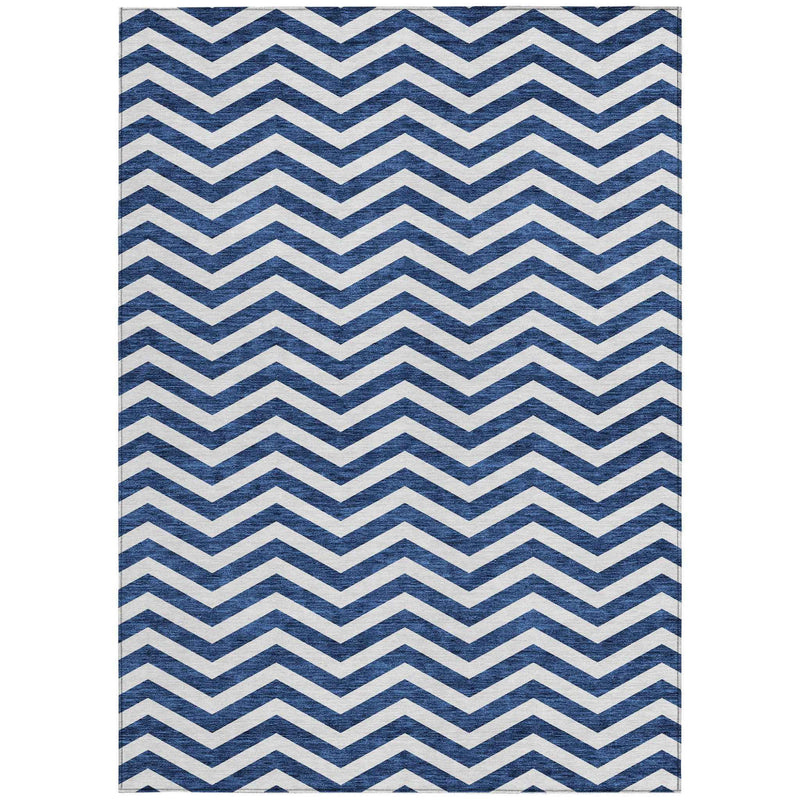 3' X 5' Navy Blue And Ivory Chevron Washable Indoor Outdoor Area Rug