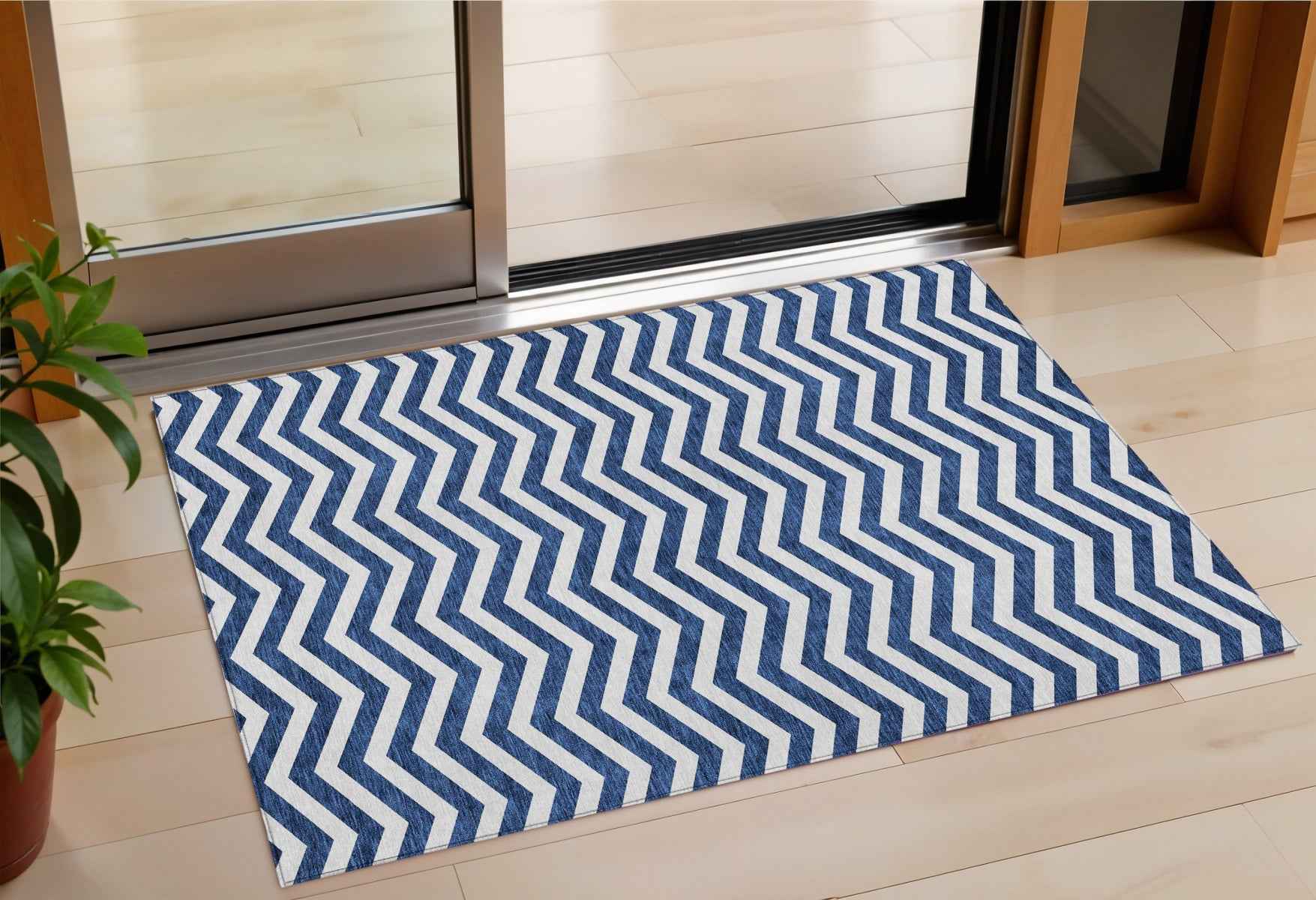 3' X 5' Navy Blue And Ivory Chevron Washable Indoor Outdoor Area Rug