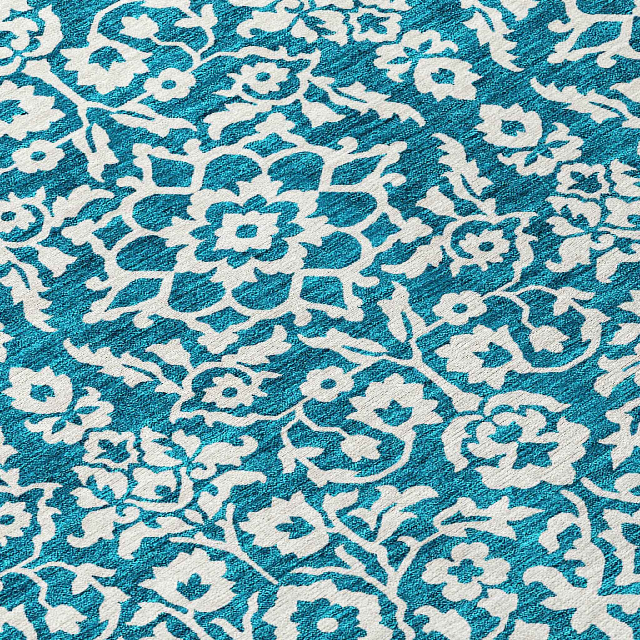 8' Teal Blue And Ivory Round Damask Washable Indoor Outdoor Area Rug