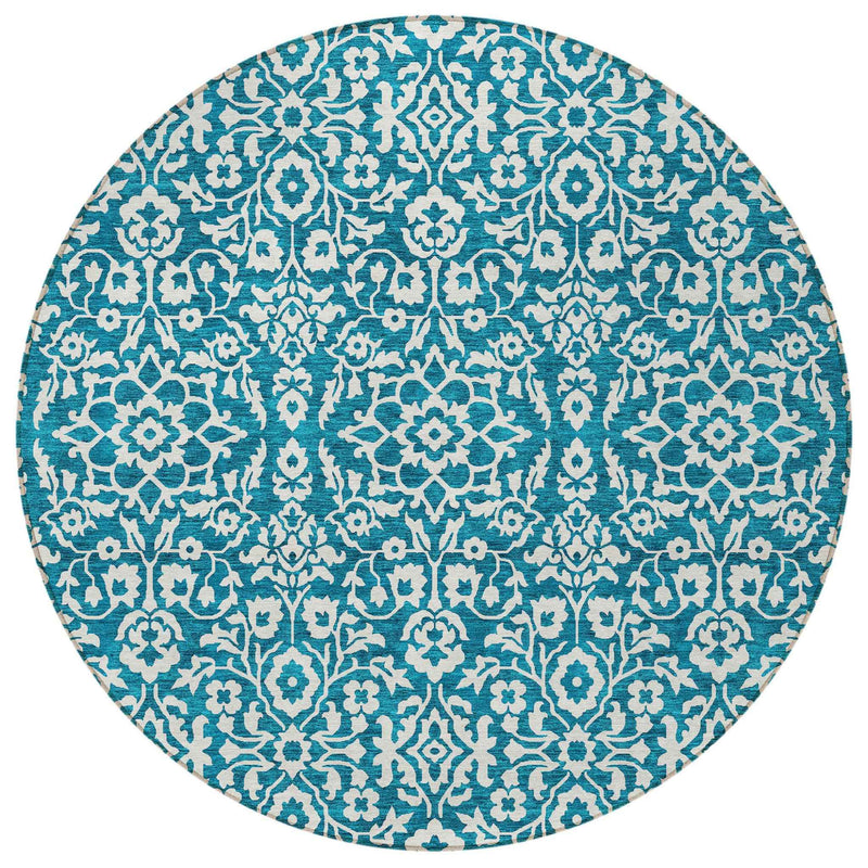 8' Teal Blue And Ivory Round Damask Washable Indoor Outdoor Area Rug