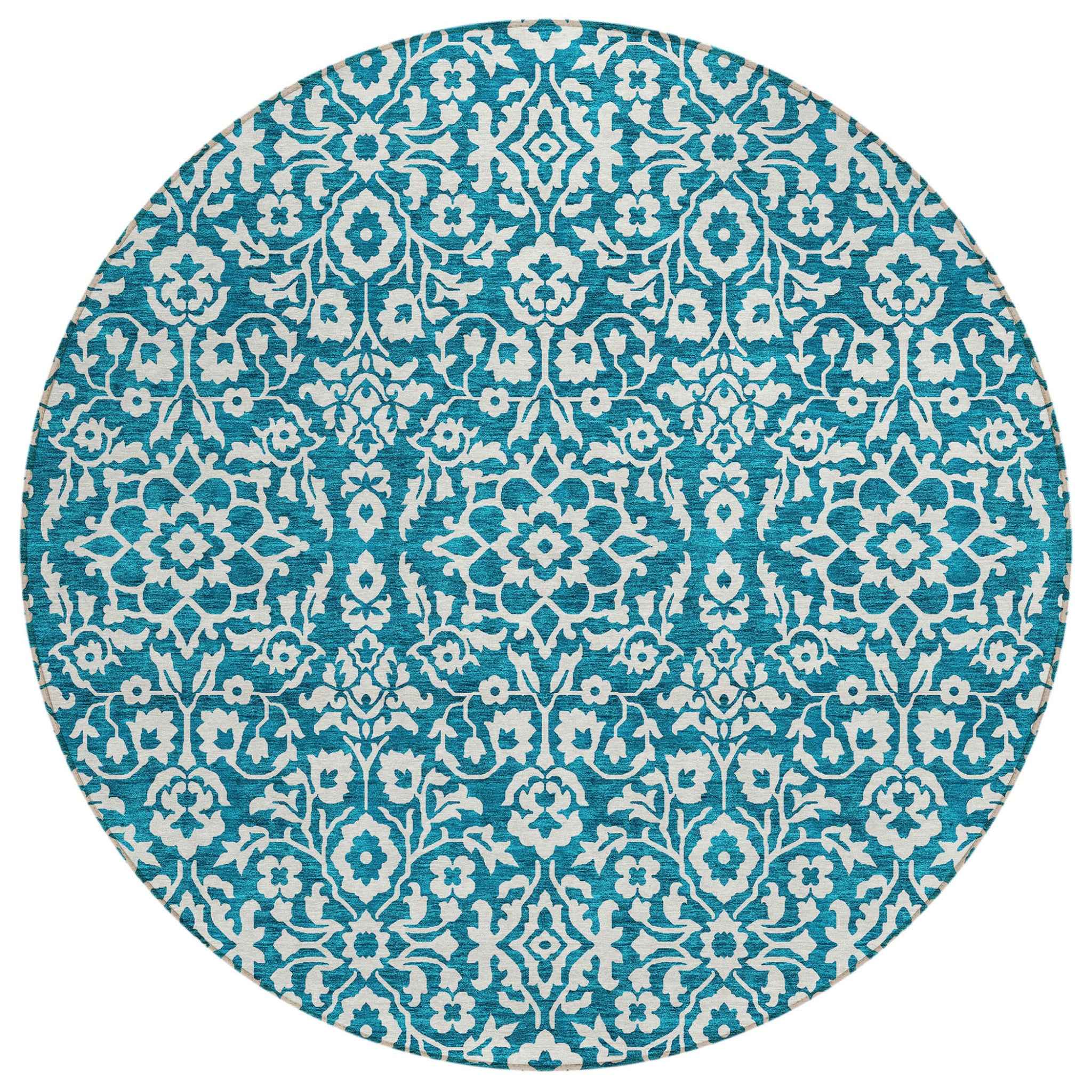 8' Teal Blue And Ivory Round Damask Washable Indoor Outdoor Area Rug