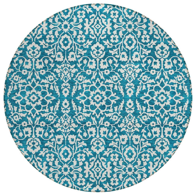 8' Teal Blue And Ivory Round Damask Washable Indoor Outdoor Area Rug