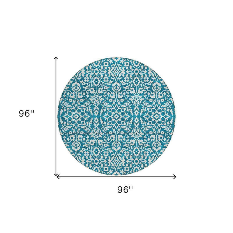 8' Teal Blue And Ivory Round Damask Washable Indoor Outdoor Area Rug