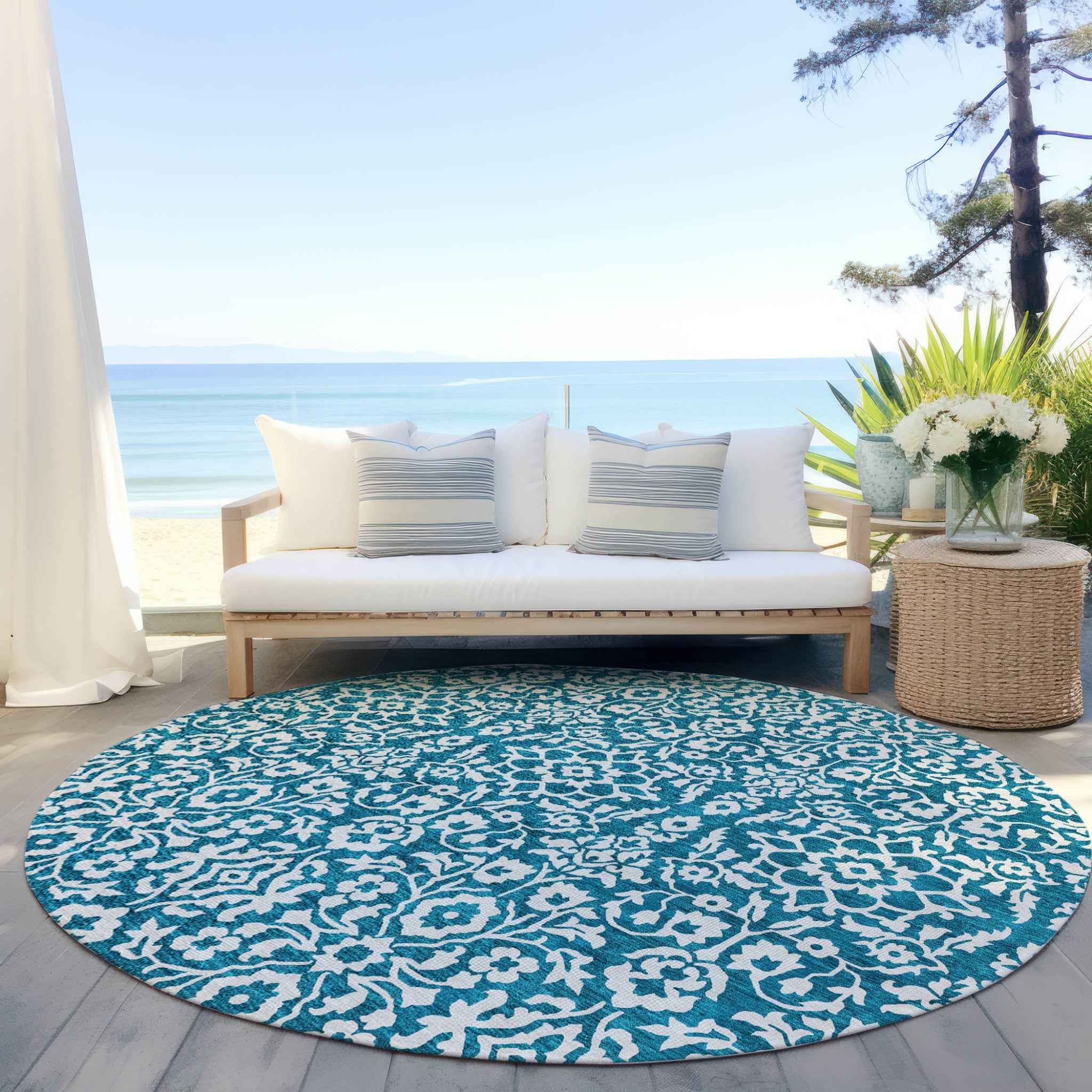 8' Teal Blue And Ivory Round Damask Washable Indoor Outdoor Area Rug