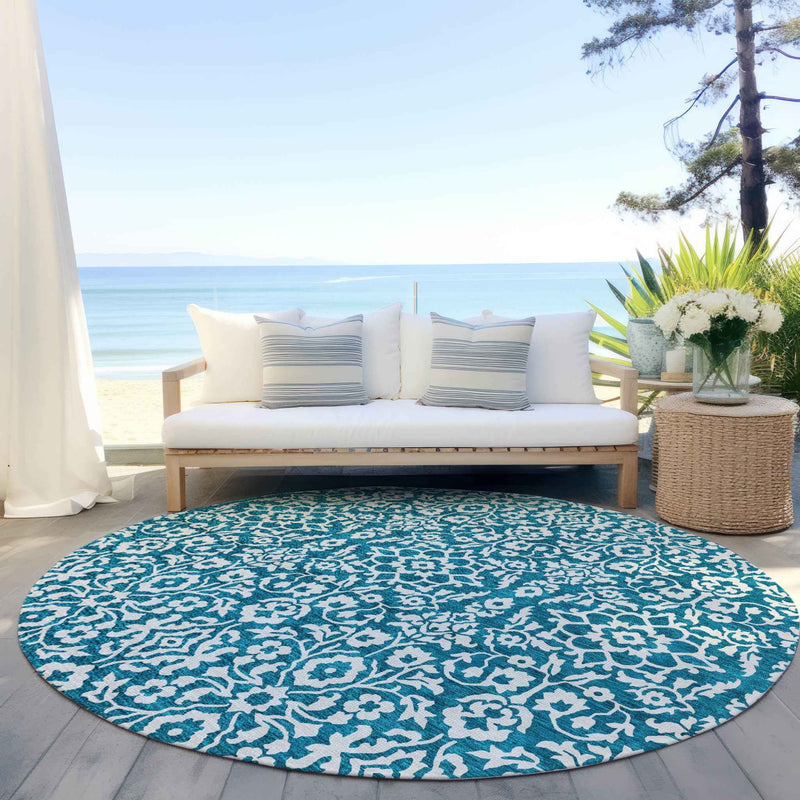 8' Teal Blue And Ivory Round Damask Washable Indoor Outdoor Area Rug