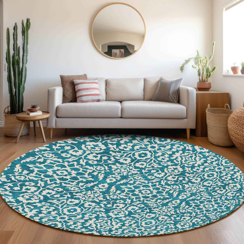 8' Teal Blue And Ivory Round Damask Washable Indoor Outdoor Area Rug