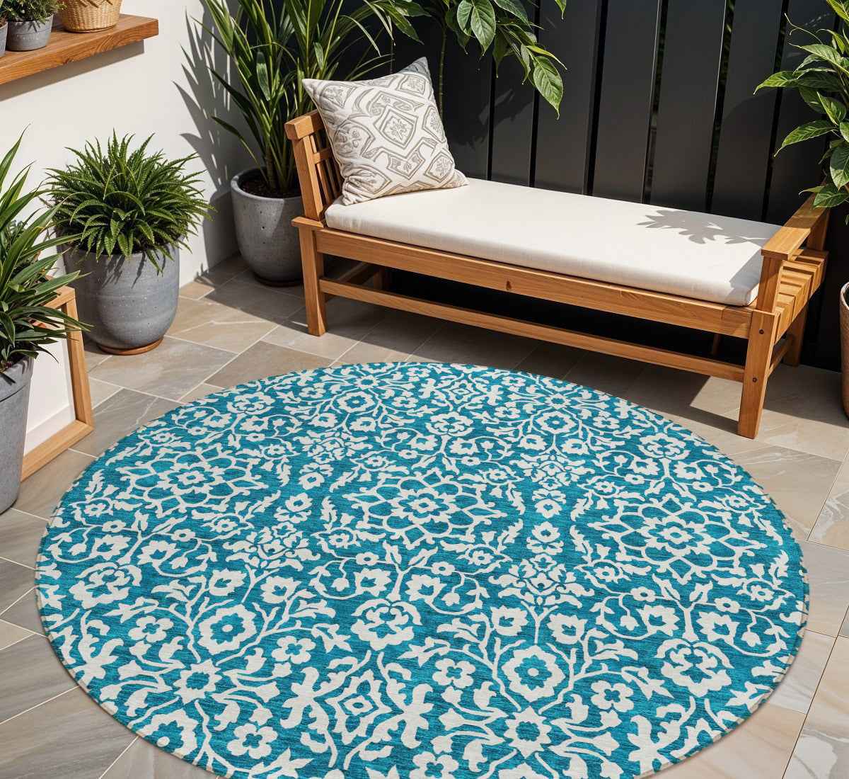 8' Teal Blue And Ivory Round Damask Washable Indoor Outdoor Area Rug