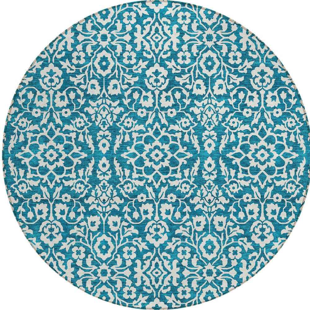 8' Teal Blue And Ivory Round Damask Washable Indoor Outdoor Area Rug
