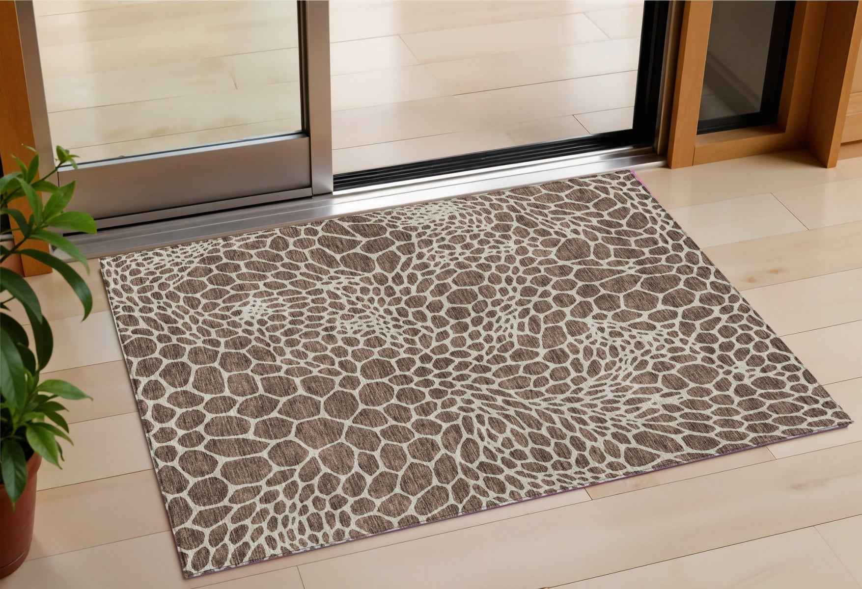 3' X 5' Brown And Beige Geometric Washable Indoor Outdoor Area Rug