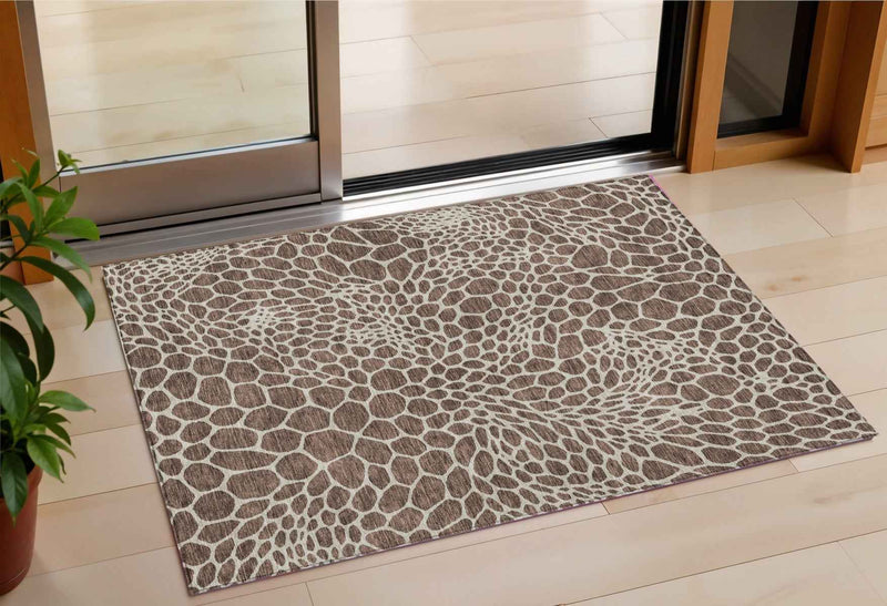 3' X 5' Brown And Beige Geometric Washable Indoor Outdoor Area Rug