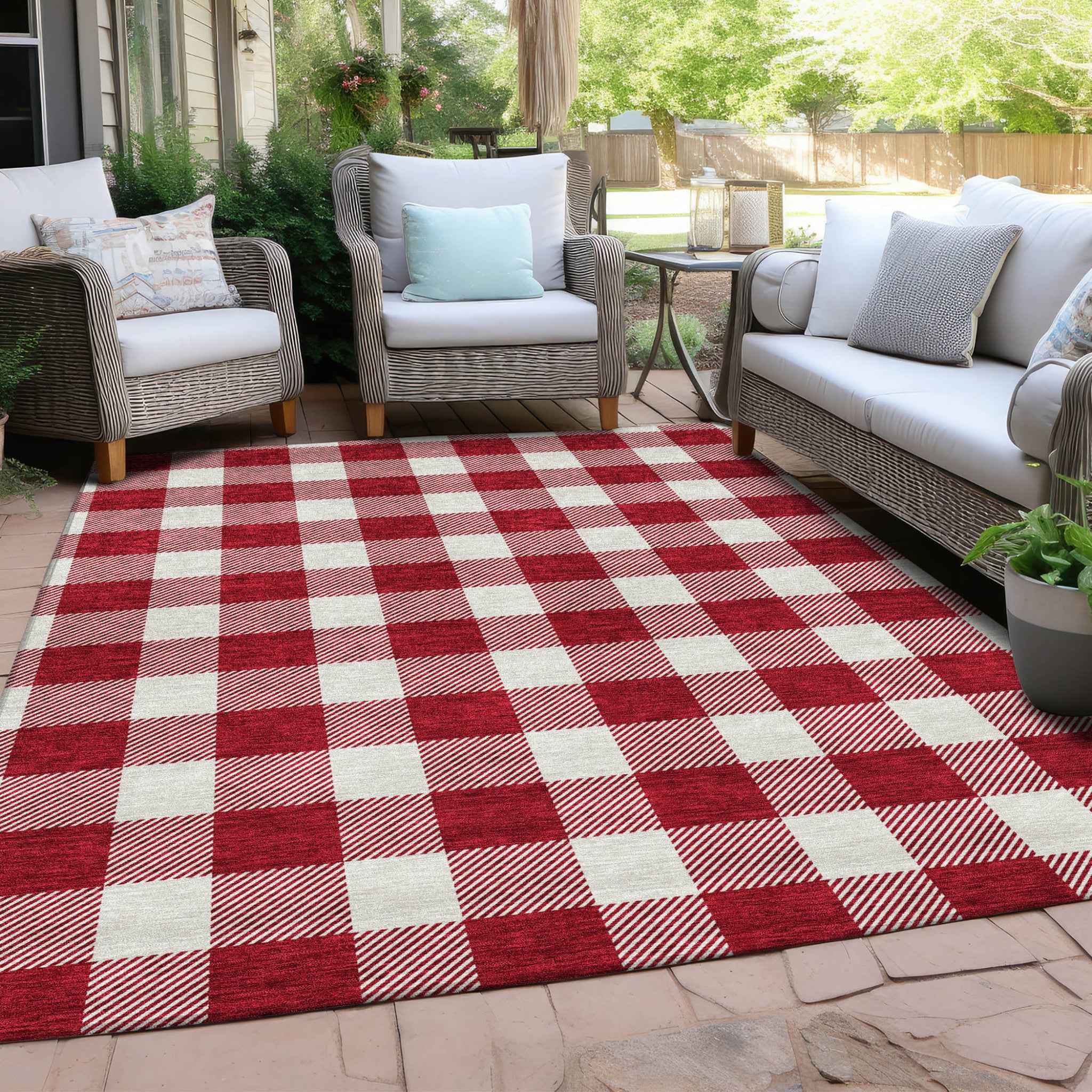 3' X 5' Red And Ivory Plaid Washable Indoor Outdoor Area Rug