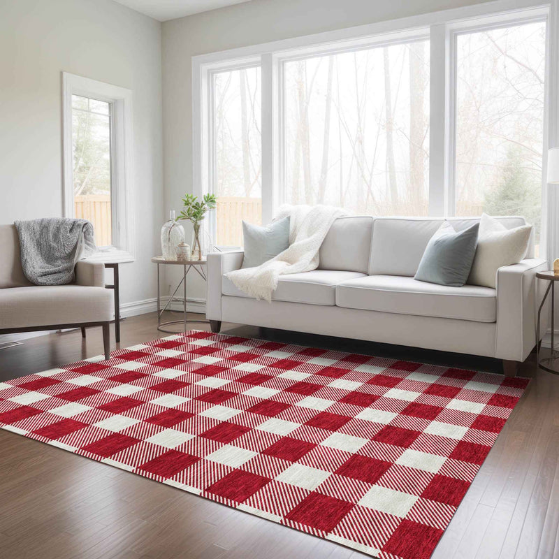 3' X 5' Red And Ivory Plaid Washable Indoor Outdoor Area Rug