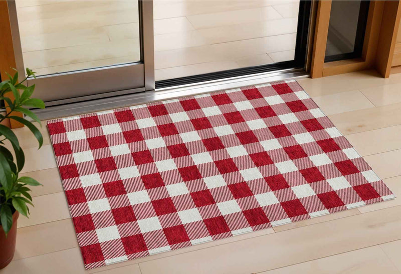 3' X 5' Red And Ivory Plaid Washable Indoor Outdoor Area Rug