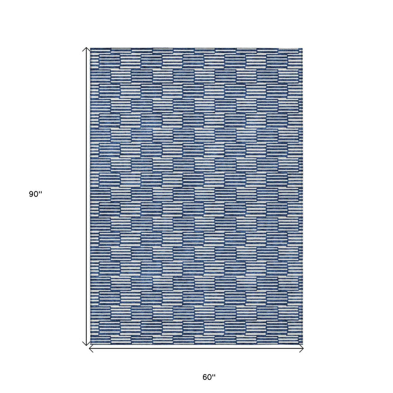 5' X 8' Navy Blue And Ivory Geometric Washable Indoor Outdoor Area Rug