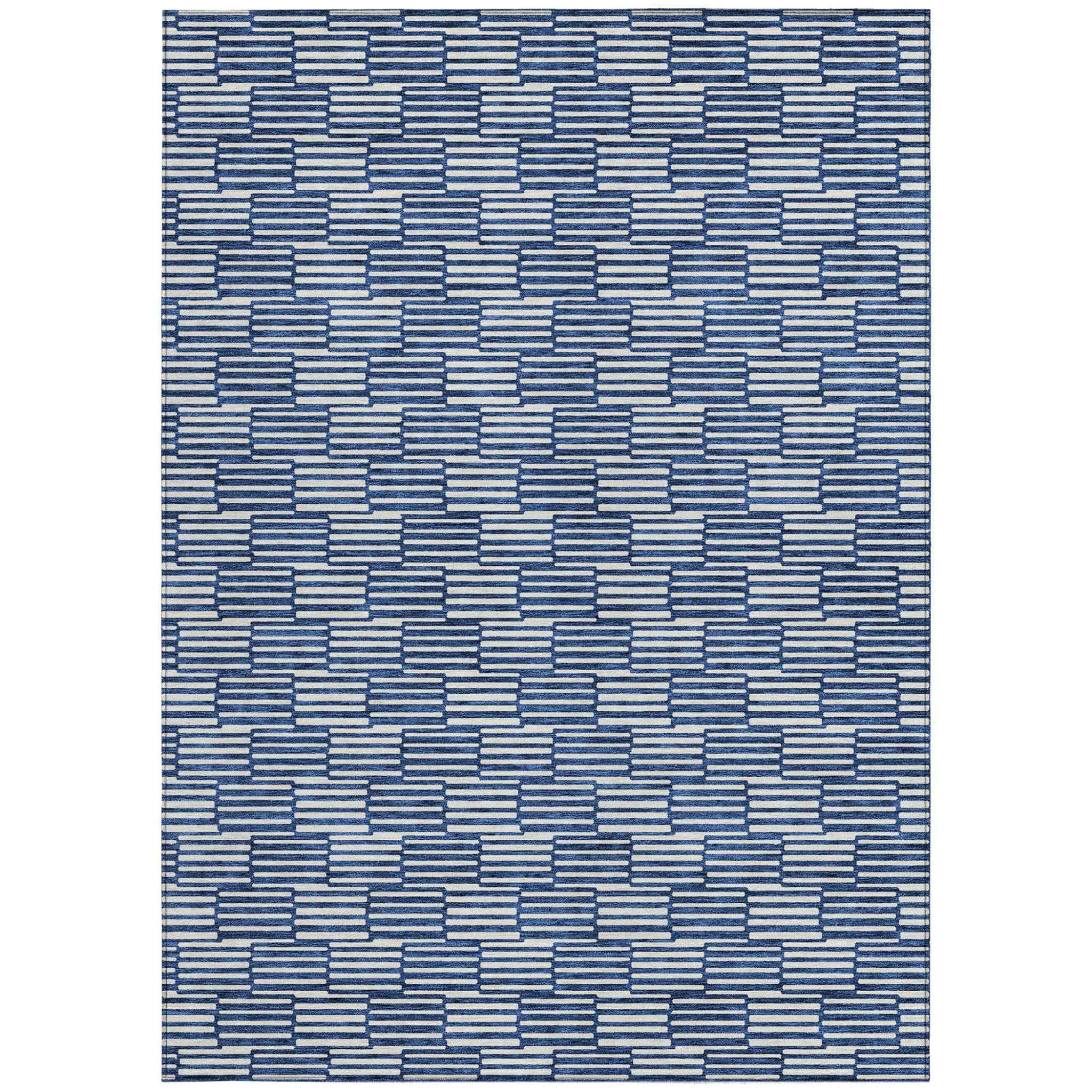 5' X 8' Navy Blue And Ivory Geometric Washable Indoor Outdoor Area Rug