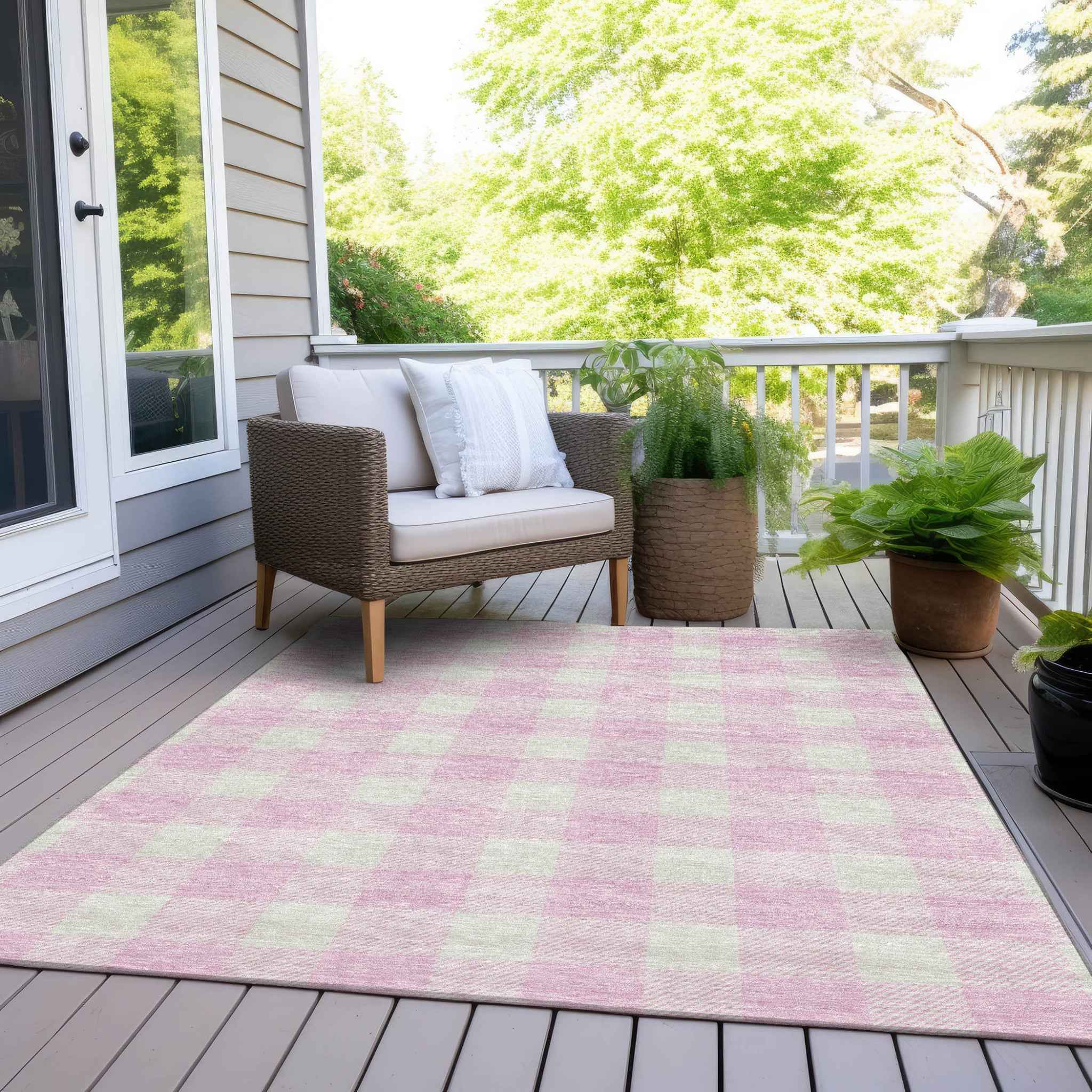 3' X 5' Pink And Gray Plaid Washable Indoor Outdoor Area Rug
