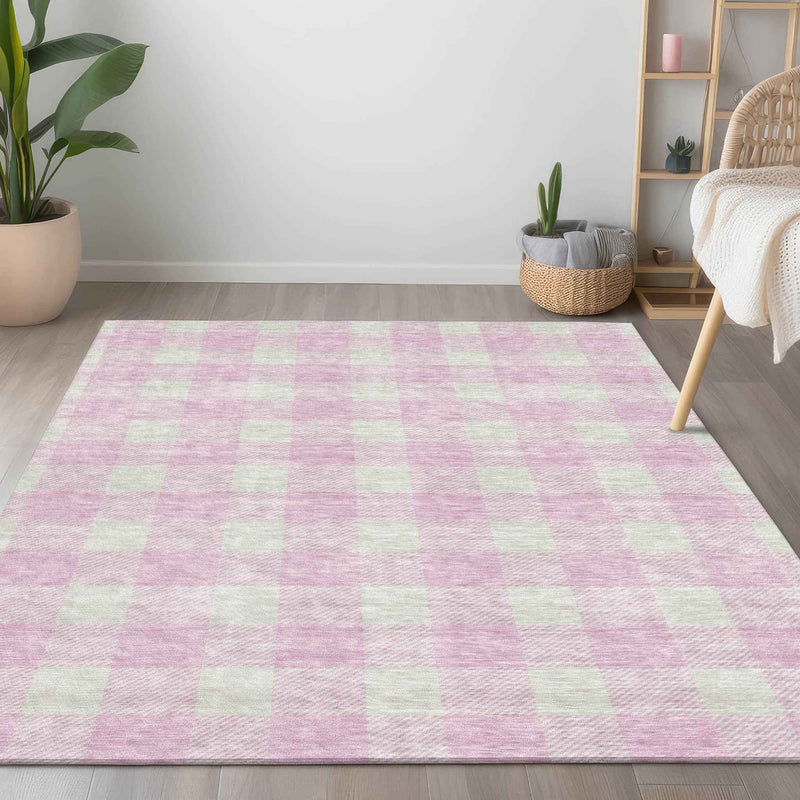 3' X 5' Pink And Gray Plaid Washable Indoor Outdoor Area Rug