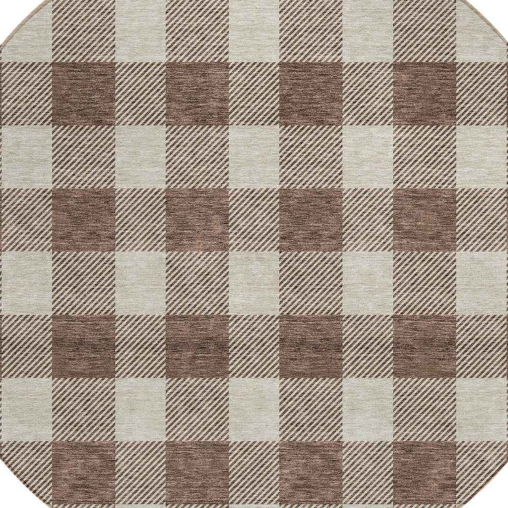 8' Brown And Beige Round Plaid Washable Indoor Outdoor Area Rug