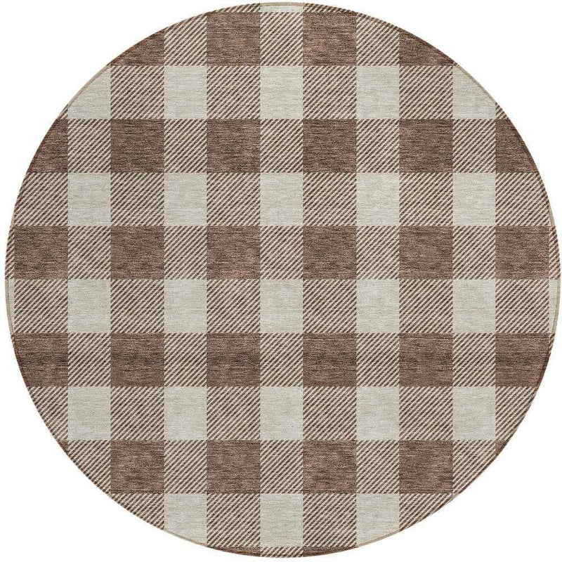 8' Brown And Beige Round Plaid Washable Indoor Outdoor Area Rug