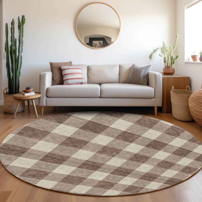8' Brown And Beige Round Plaid Washable Indoor Outdoor Area Rug