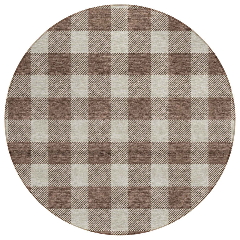 8' Brown And Beige Round Plaid Washable Indoor Outdoor Area Rug