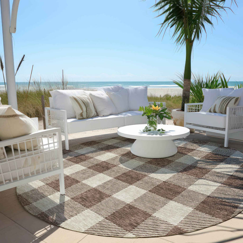 8' Brown And Beige Round Plaid Washable Indoor Outdoor Area Rug