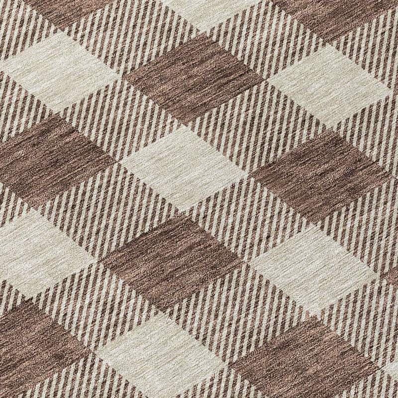8' Brown And Beige Round Plaid Washable Indoor Outdoor Area Rug