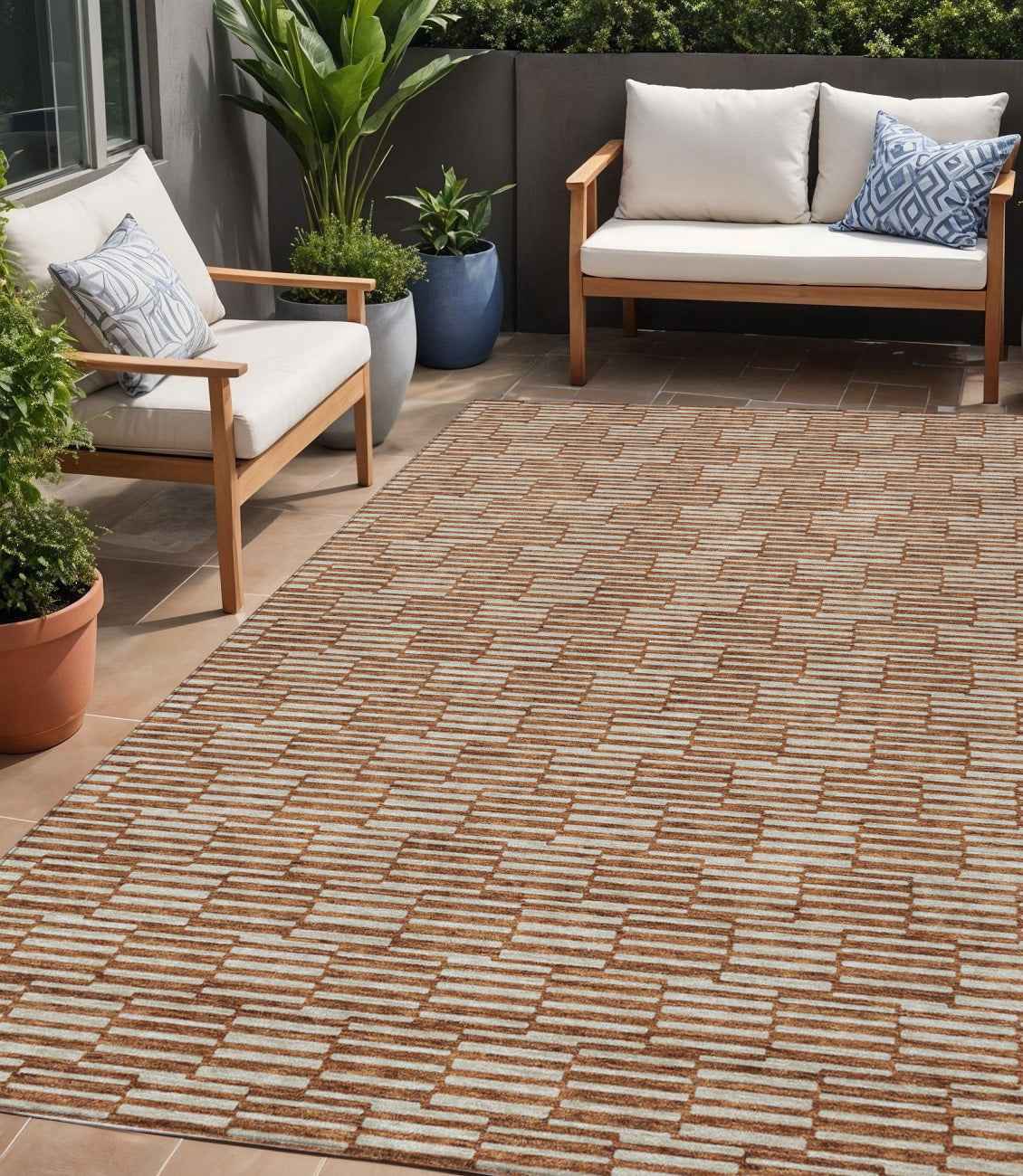 5' X 8' Copper And Beige Geometric Washable Indoor Outdoor Area Rug
