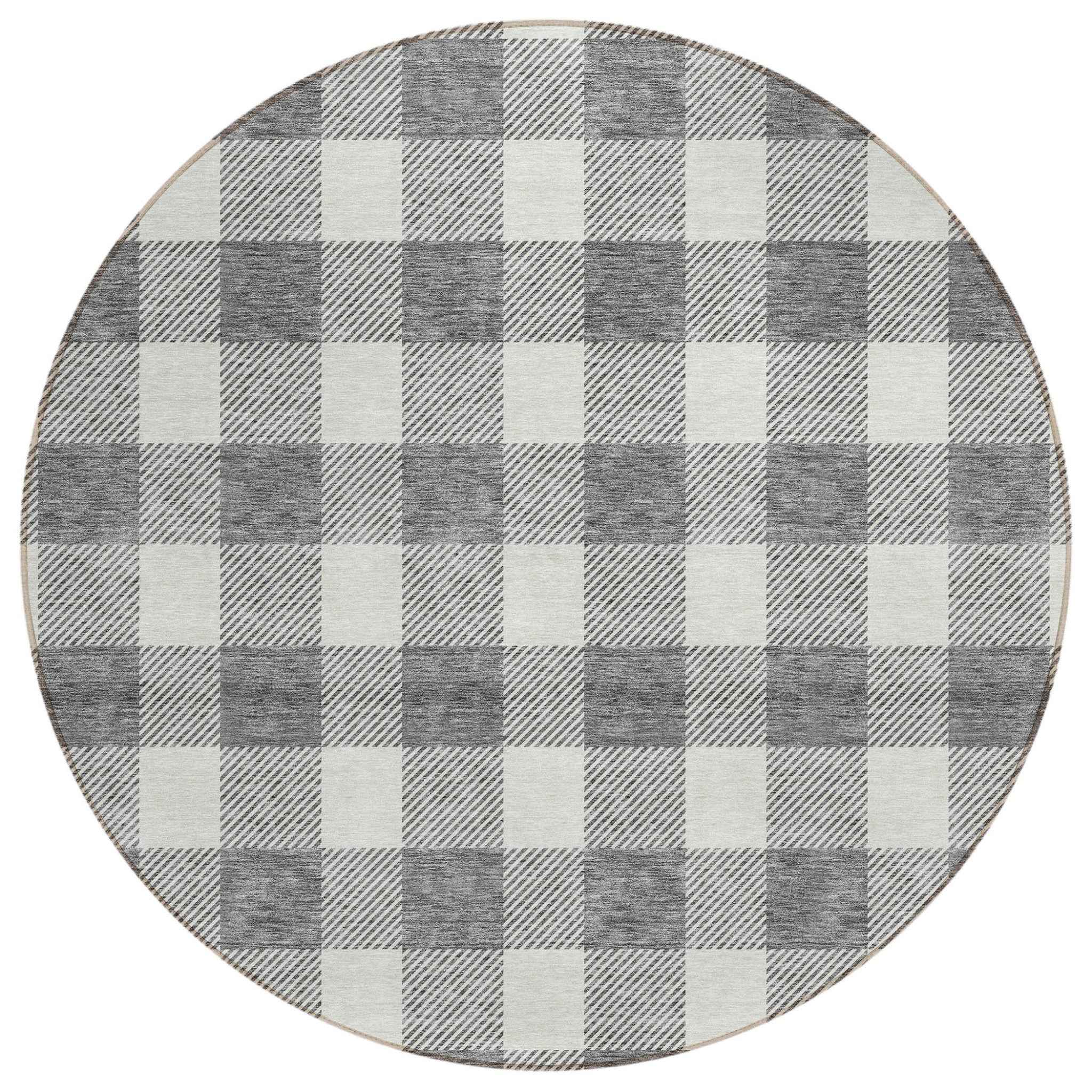 8' Gray And Charcoal Round Plaid Washable Indoor Outdoor Area Rug