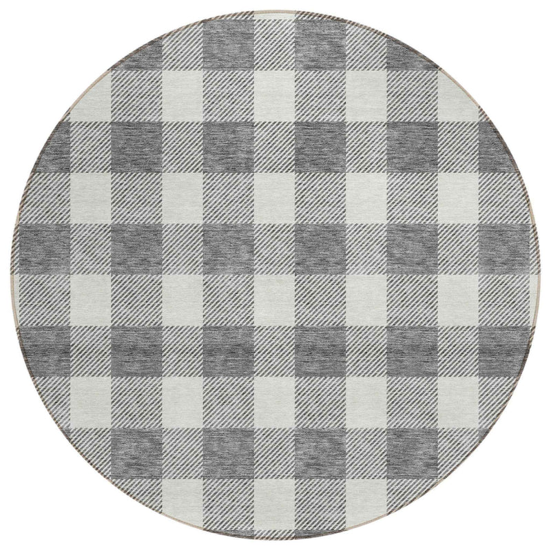 8' Gray And Charcoal Round Plaid Washable Indoor Outdoor Area Rug