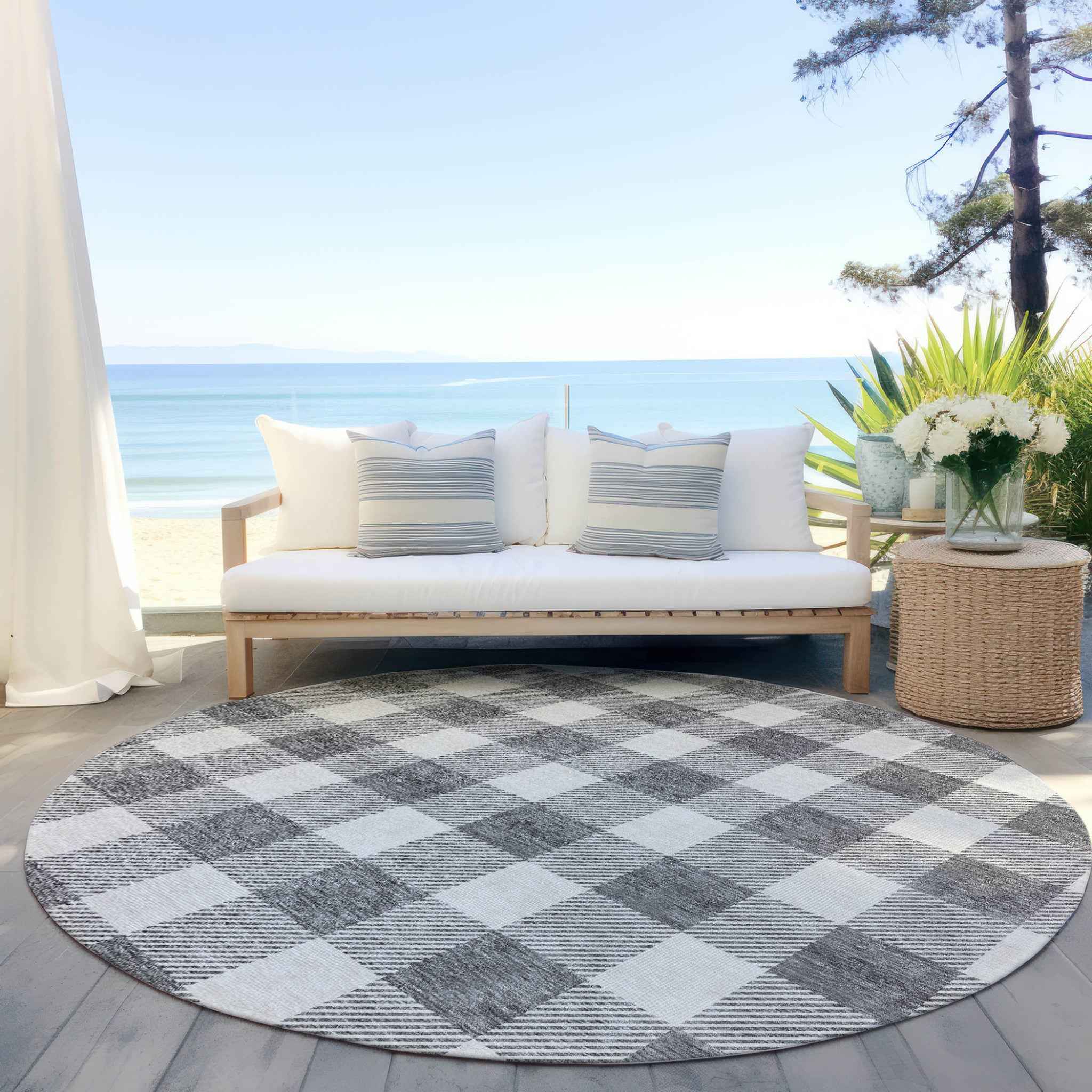 8' Gray And Charcoal Round Plaid Washable Indoor Outdoor Area Rug