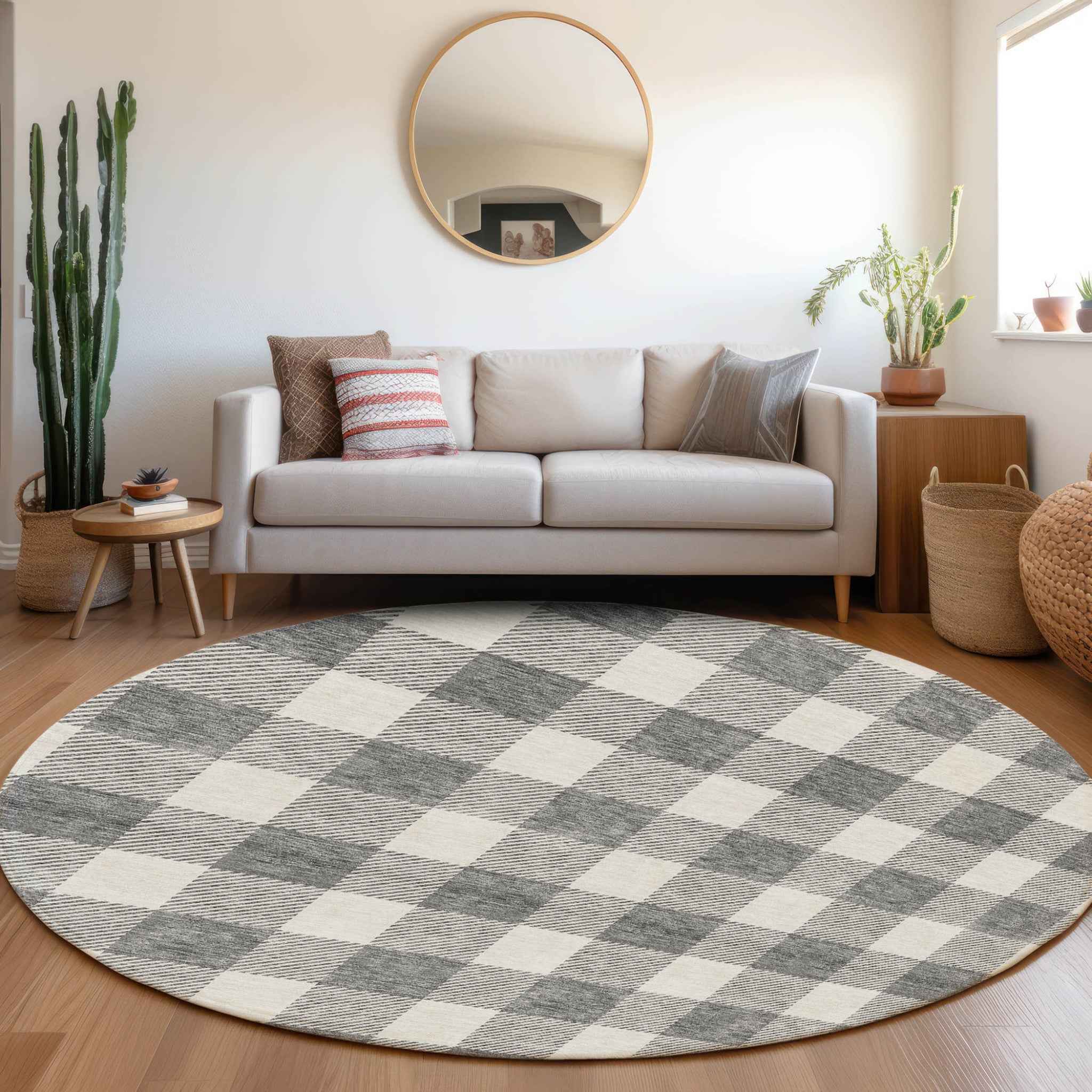 8' Gray And Charcoal Round Plaid Washable Indoor Outdoor Area Rug