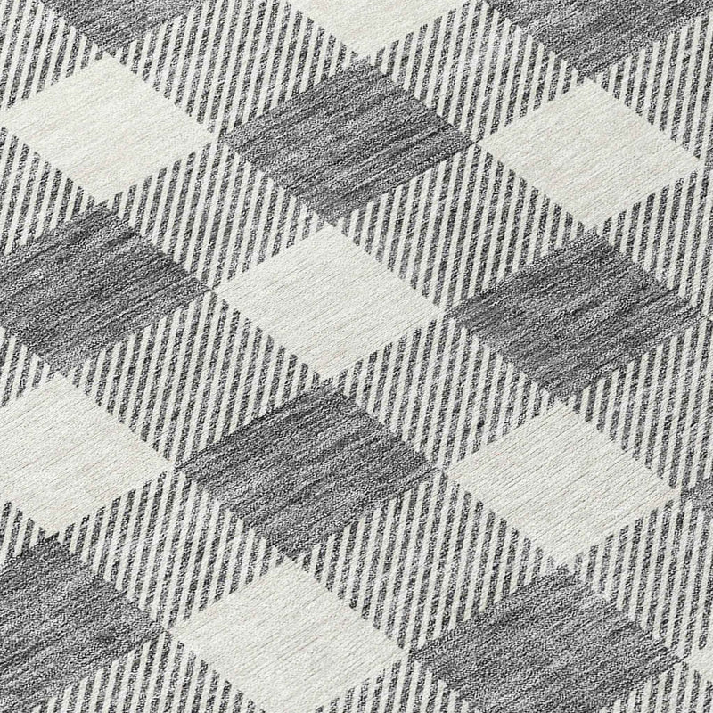 8' Gray And Charcoal Round Plaid Washable Indoor Outdoor Area Rug
