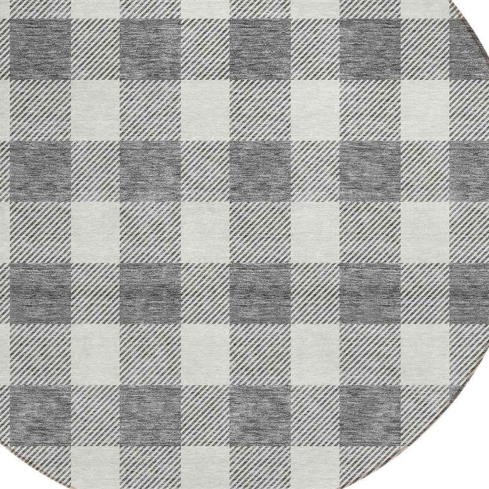 8' Gray And Charcoal Round Plaid Washable Indoor Outdoor Area Rug