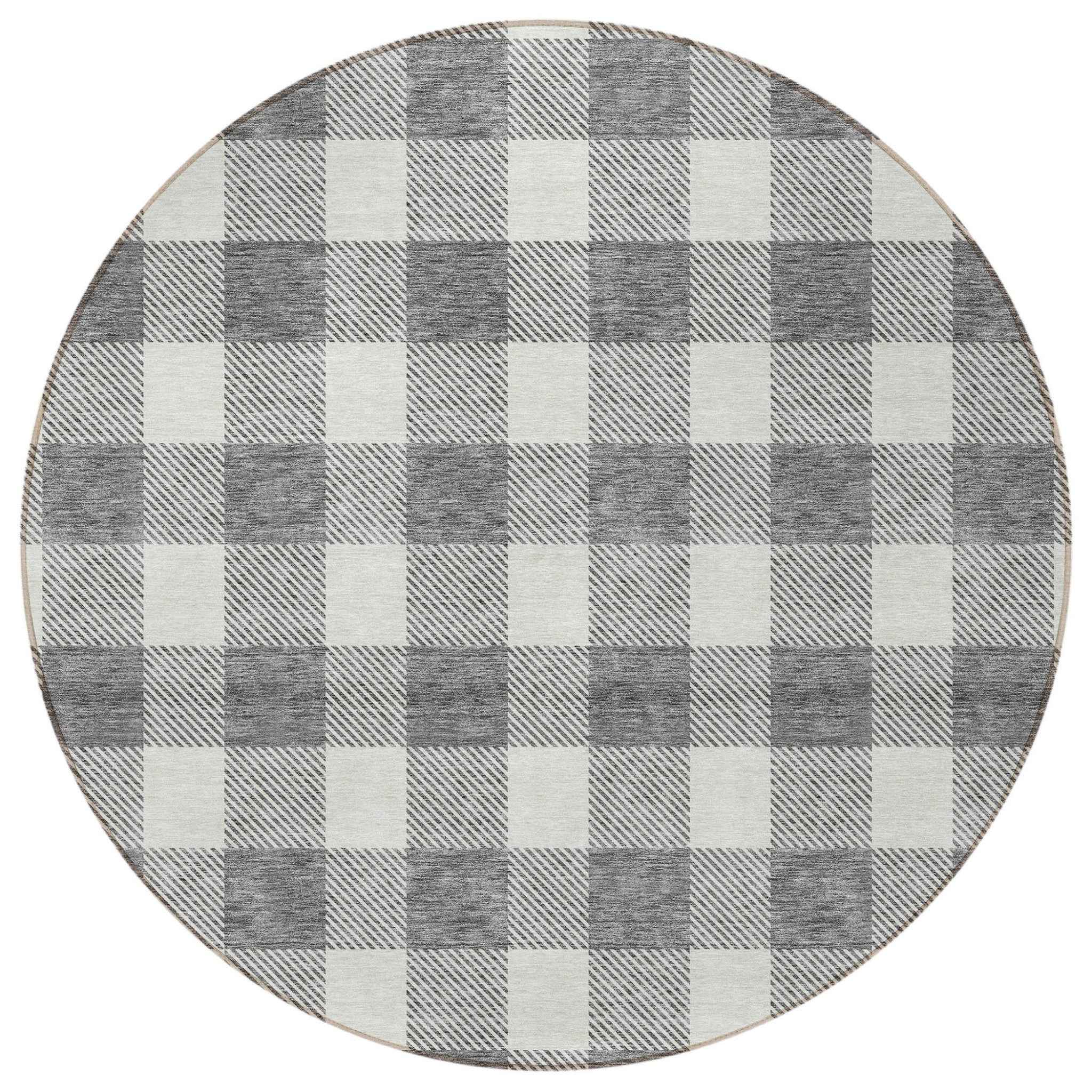 8' Gray And Charcoal Round Plaid Washable Indoor Outdoor Area Rug