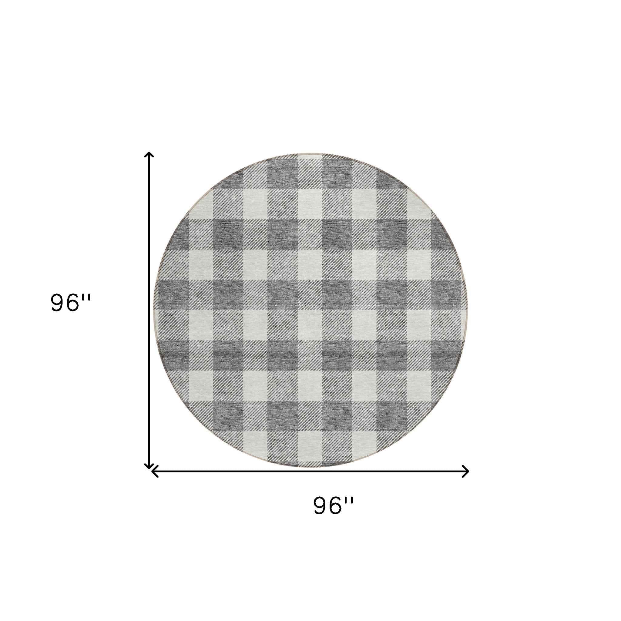 8' Gray And Charcoal Round Plaid Washable Indoor Outdoor Area Rug