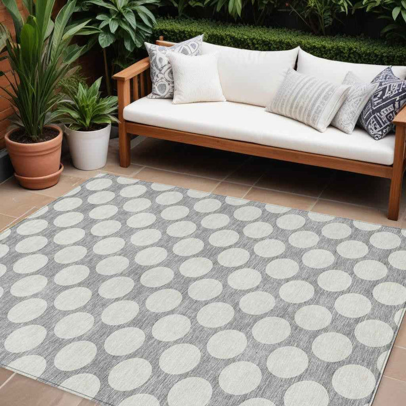 10' X 14' Gray And Silver Polka Dot Washable Indoor Outdoor Area Rug
