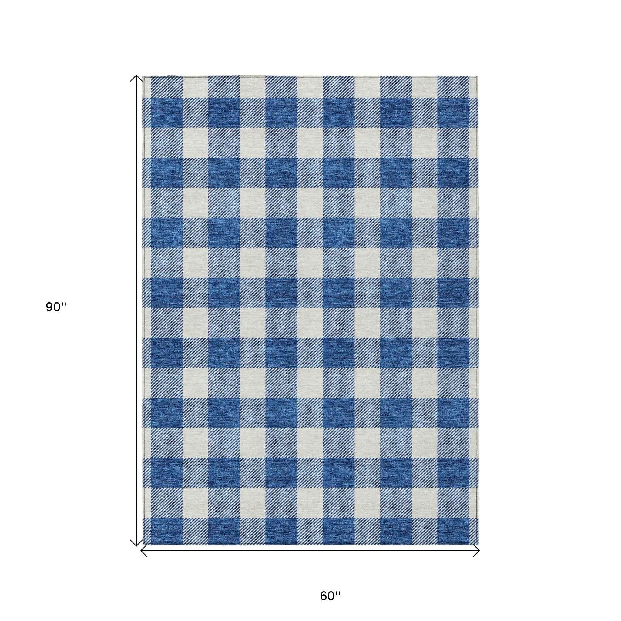 5' X 8' Navy Blue And Gray Plaid Washable Indoor Outdoor Area Rug