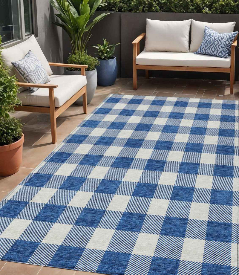 5' X 8' Navy Blue And Gray Plaid Washable Indoor Outdoor Area Rug