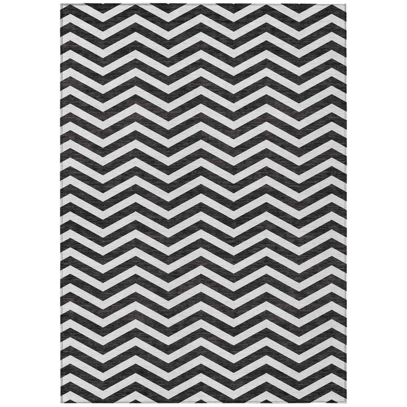 5' X 8' Black And Ivory Chevron Washable Indoor Outdoor Area Rug