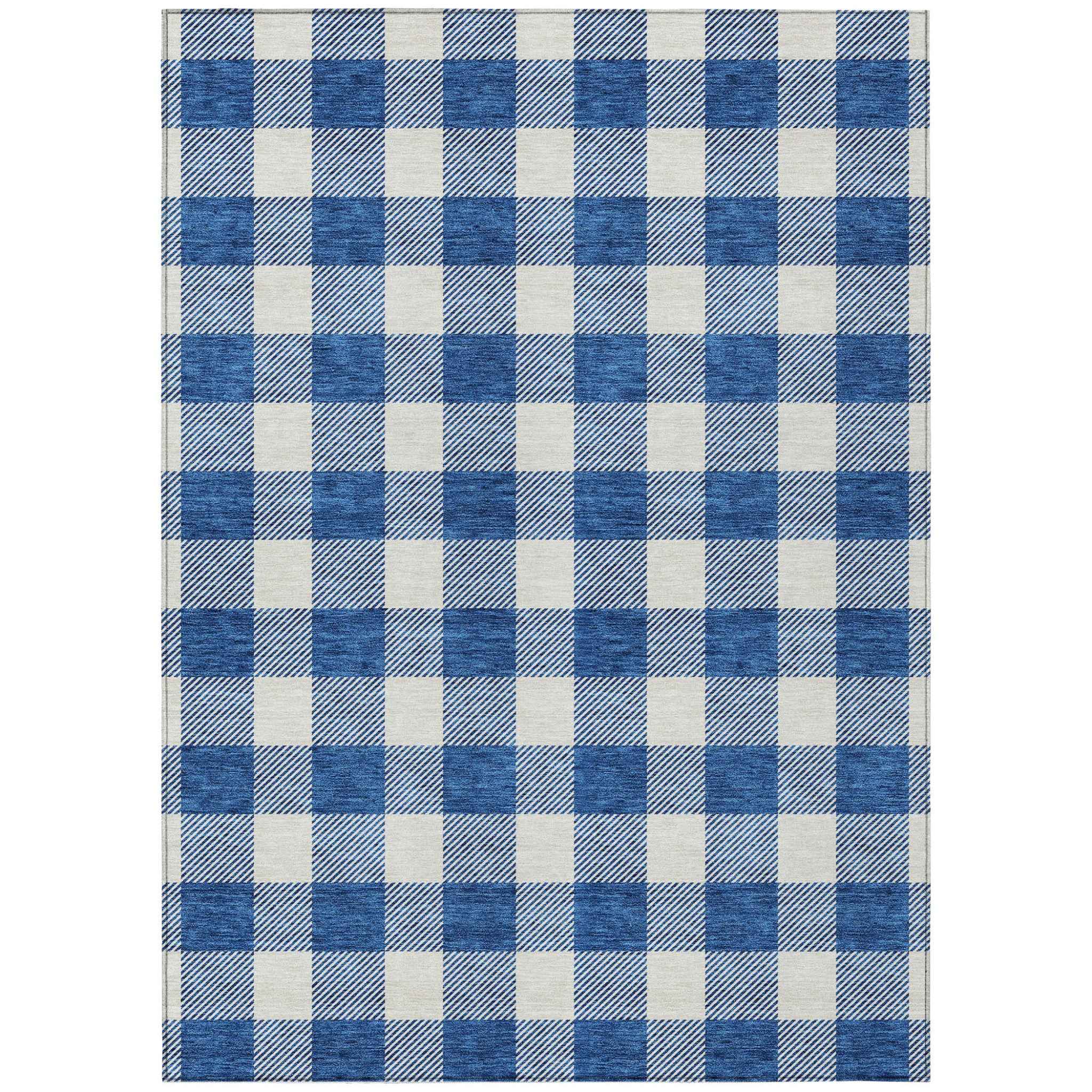 5' X 8' Navy Blue And Gray Plaid Washable Indoor Outdoor Area Rug
